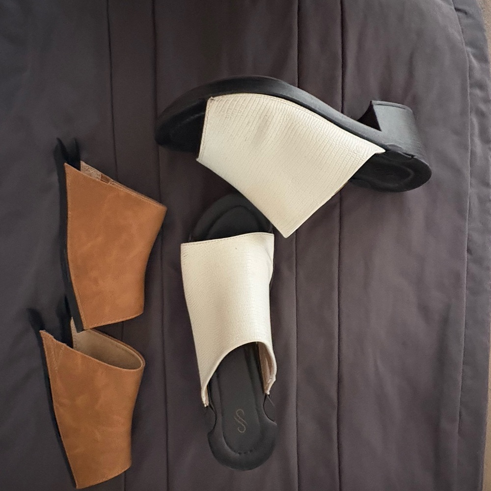 Solely Jane 2.5 inch mules come with two tops, white leather and tan suede.